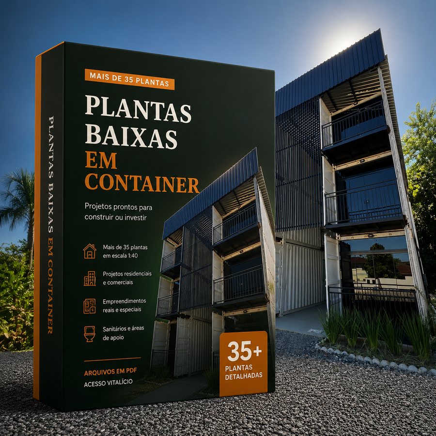 Material Plantas Baixas em Container, com o prédio Vila Container ao fundo